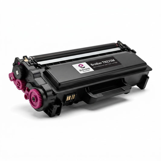 Elevate Imaging remanufactured Brother TN225M magenta laser toner cartridge with pink gears.