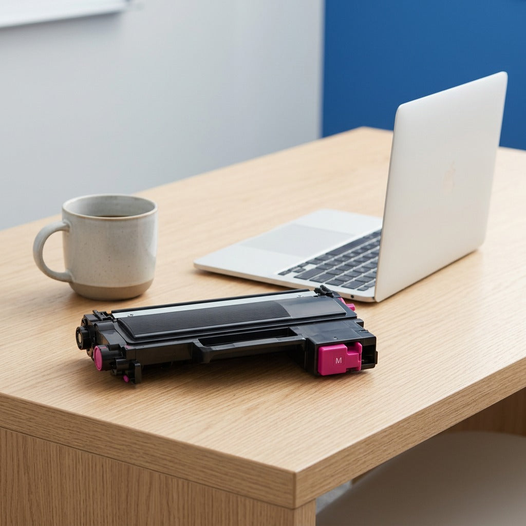 Brother TN225M magenta toner cartridge shown for scale next to a laptop and mug on an office desk.