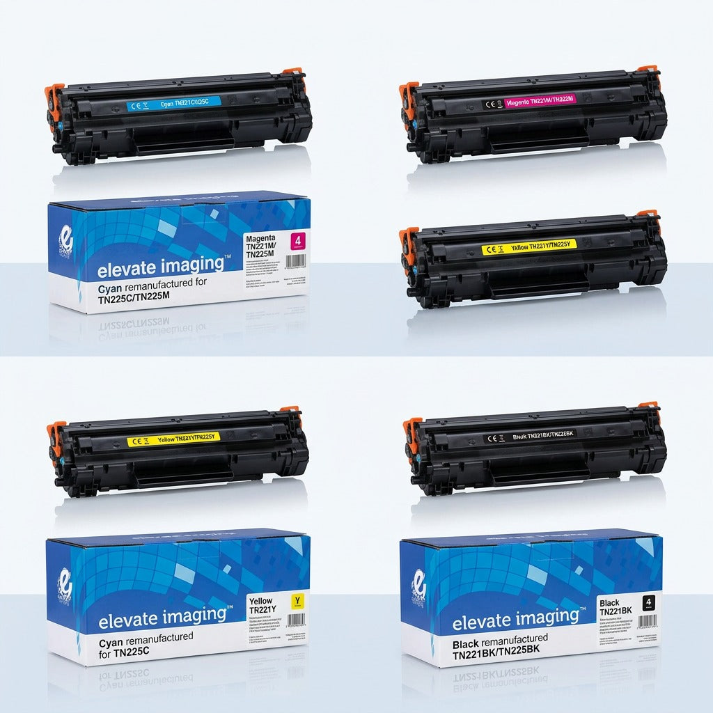 Elevate Imaging remanufactured toner cartridges for Brother TN225, shown in black, cyan, magenta, and yellow.