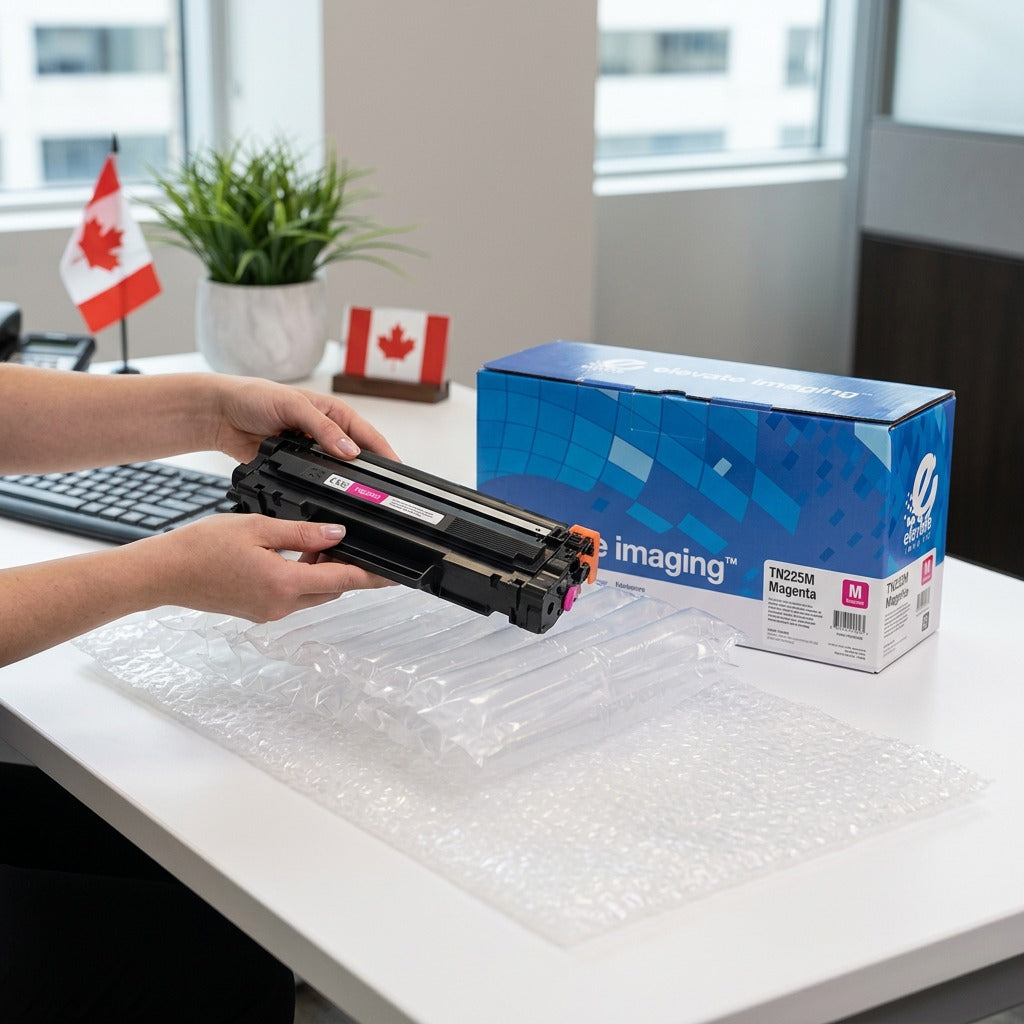 Unboxing the Elevate Imaging Brother TN225M magenta toner cartridge with protective air packaging.