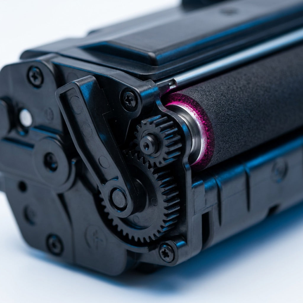 Macro detail of a Brother TN225M magenta toner cartridge gear and developer roller interface.