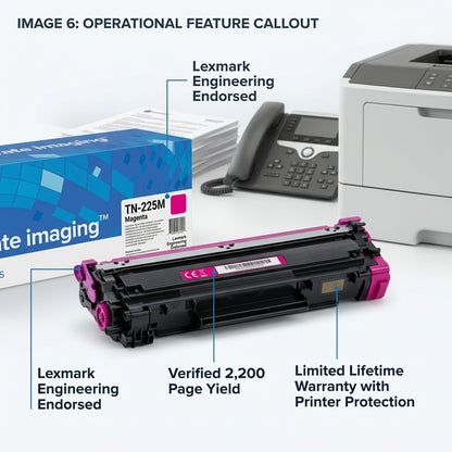 Elevate Imaging TN225M Magenta Toner Cartridge features 2,200 page yield and Lexmark endorsement.