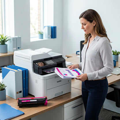 Woman in a modern office holding charts printed with Brother TN225M magenta toner.