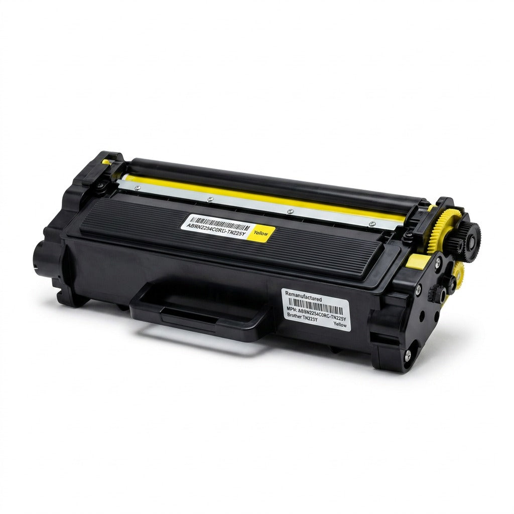 Elevate Imaging remanufactured yellow laser toner cartridge for Brother TN225Y on white background.