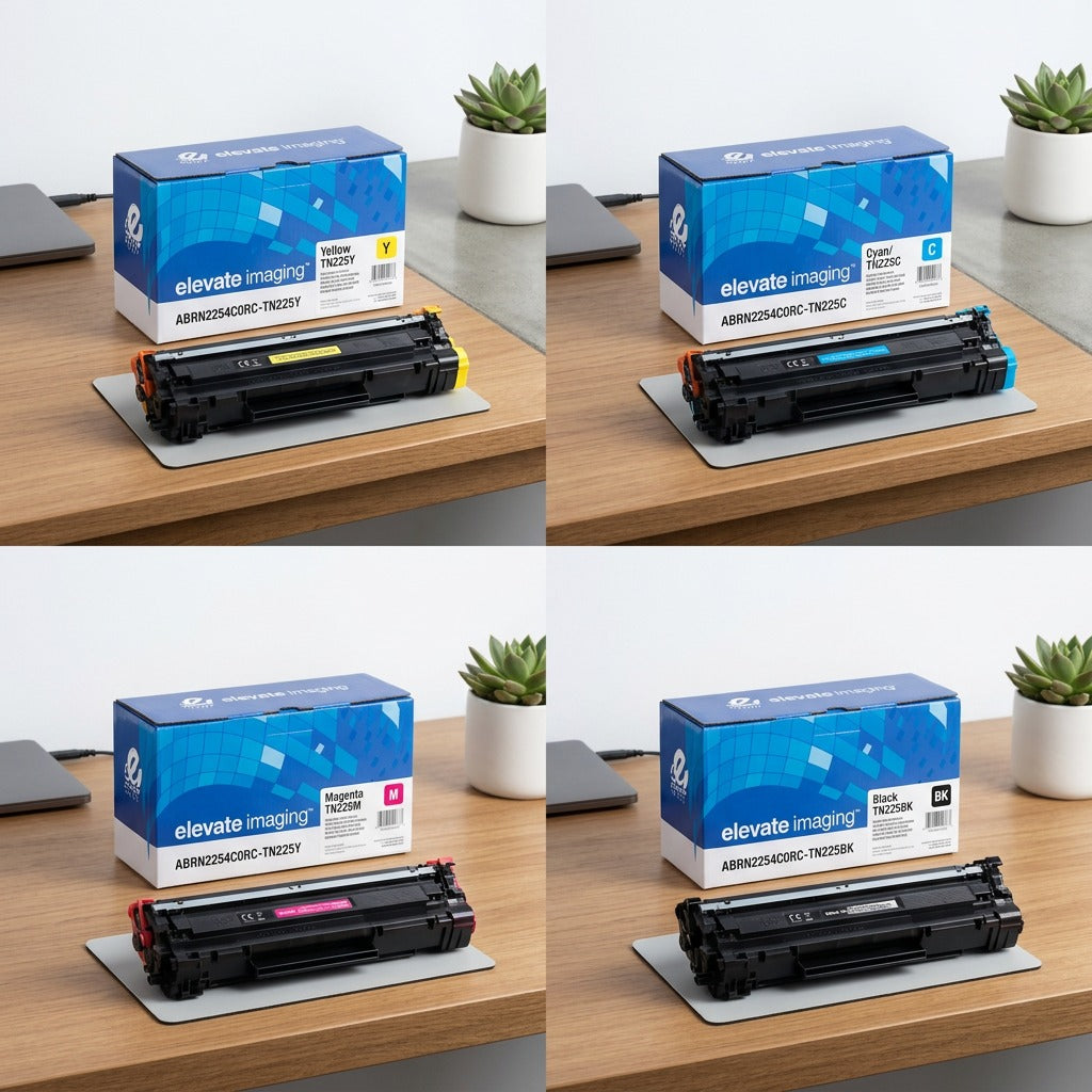 A 2x2 grid showing yellow, cyan, magenta, and black Elevate Imaging TN225 remanufactured toner cartridges on an office desk.