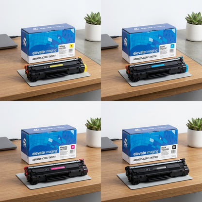 A 2x2 grid showing yellow, cyan, magenta, and black Elevate Imaging TN225 remanufactured toner cartridges on an office desk.