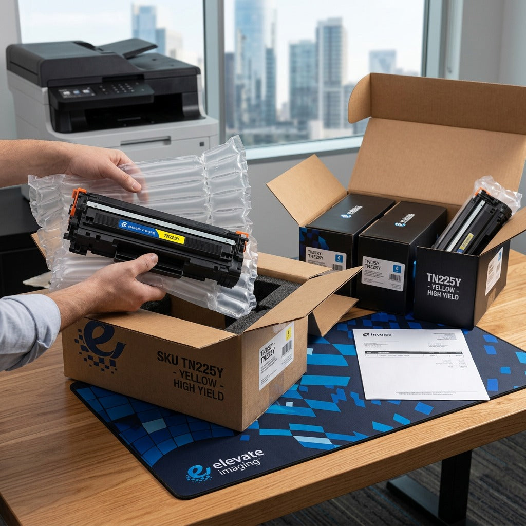 Unboxing a Brother TN225Y yellow toner cartridge protected by air packaging in a bright office.