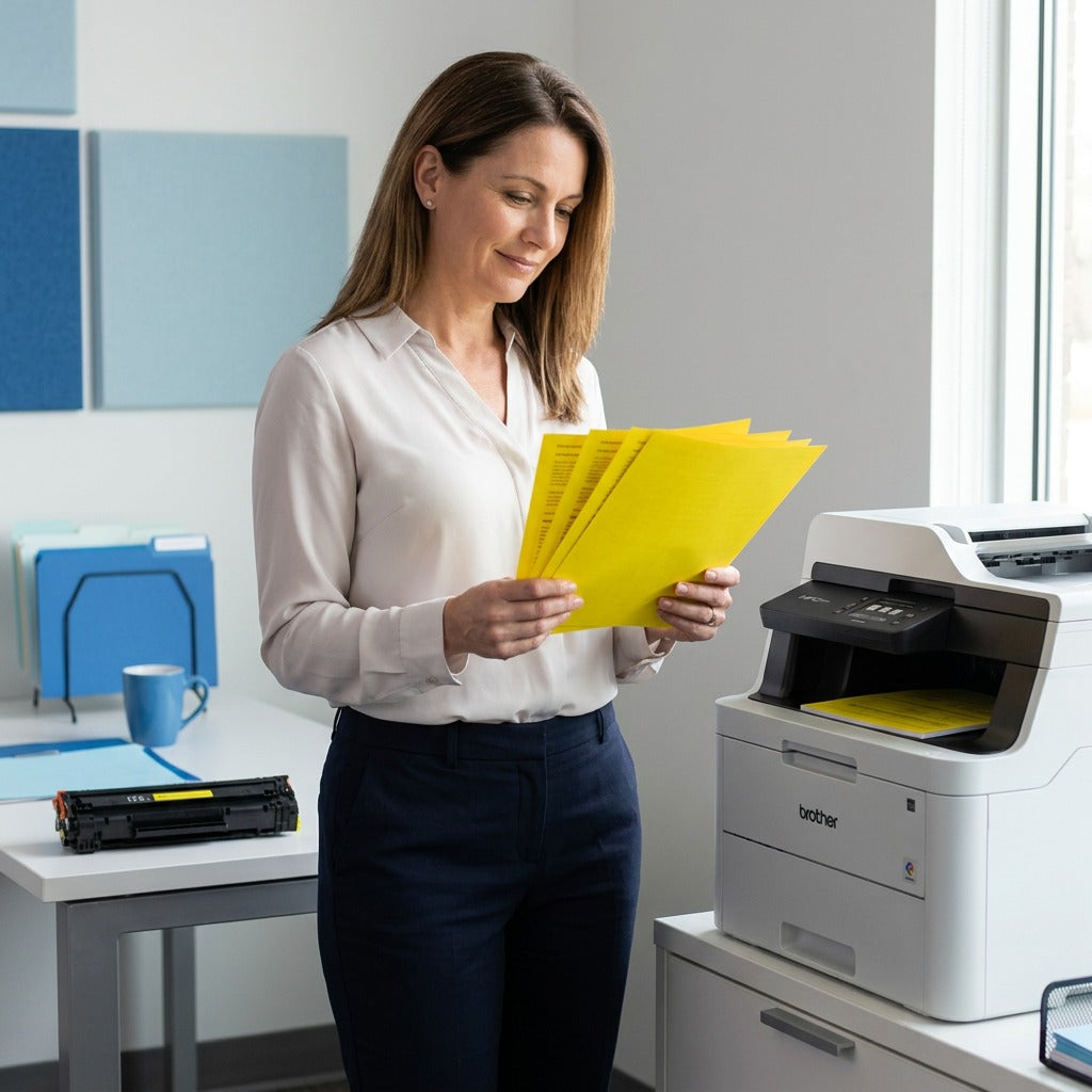 A professional admires vibrant yellow pages printed from a Brother printer using TN225Y toner.