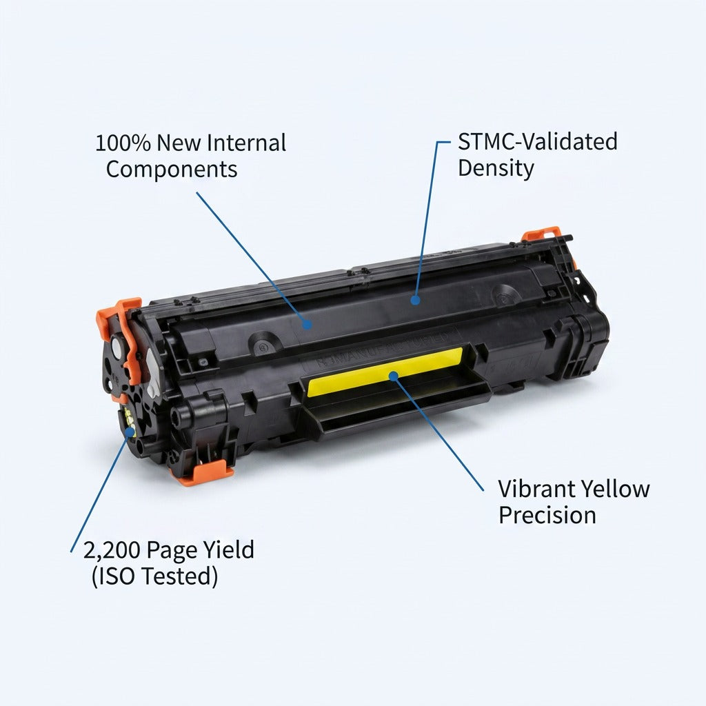 Elevate Imaging Brother TN225Y yellow toner cartridge features: 2,200 page yield and new components.
