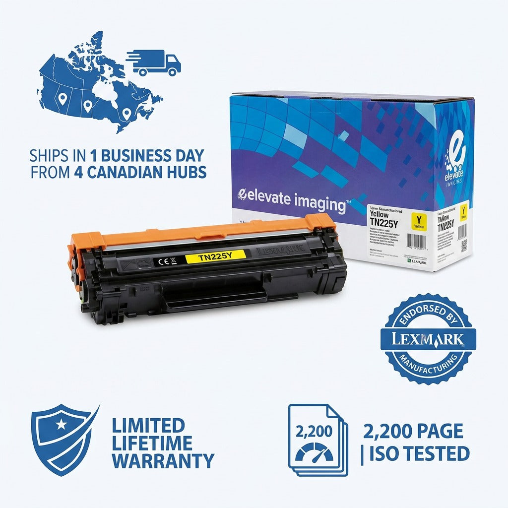Elevate Imaging Brother TN225Y Yellow Toner with Lexmark endorsement and 2,200 page yield icons.
