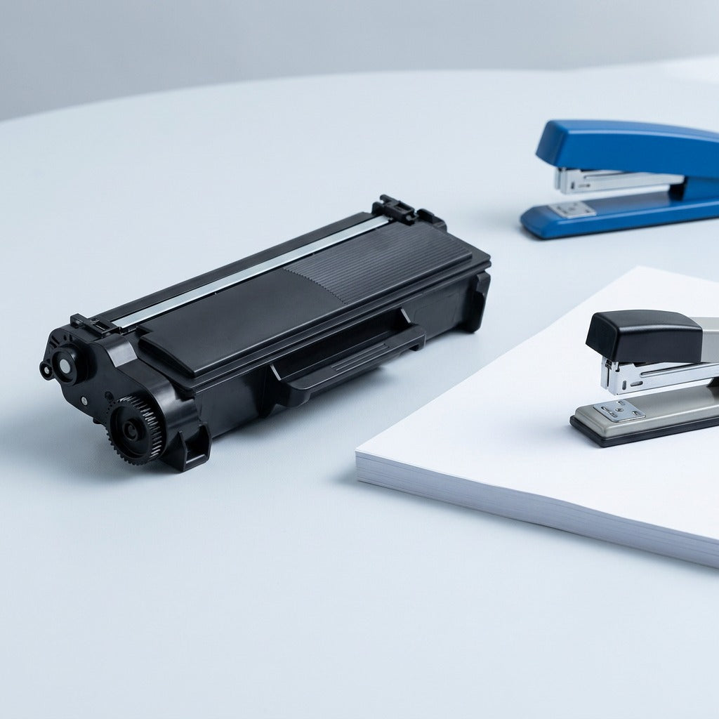 Brother TN660 black toner cartridge on a desk next to a stack of paper and staplers for scale.