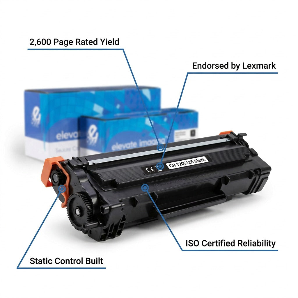A black Elevate Imaging TN660 toner cartridge with 2,600 page yield and Lexmark endorsement.
