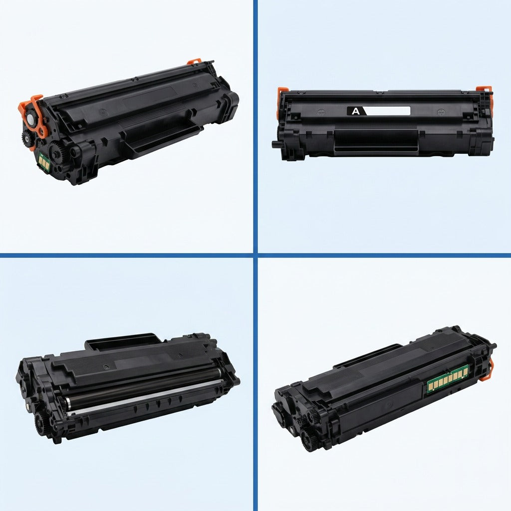 Four-angle view matrix of a Brother TN660 high yield black toner cartridge on a light blue grid.