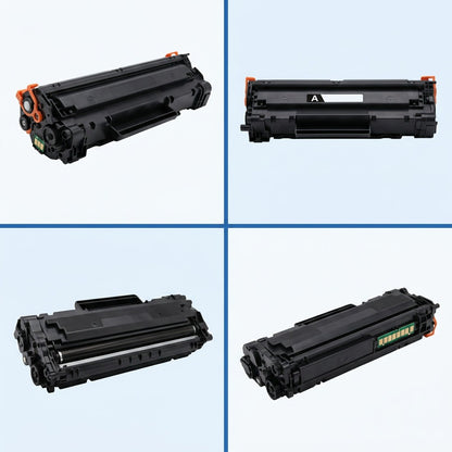Four-angle view matrix of a Brother TN660 high yield black toner cartridge on a light blue grid.