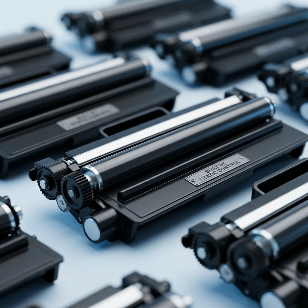 Macro detail of a high-yield black toner cartridge developer roller and gears on a blue surface.
