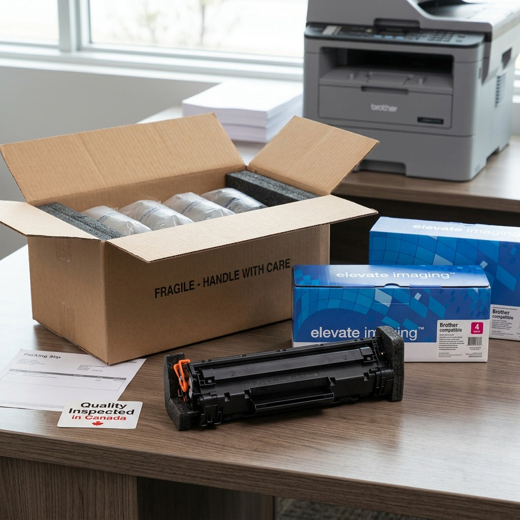 Unboxing a high yield black toner cartridge for Brother TN660, show with protective shipping box.