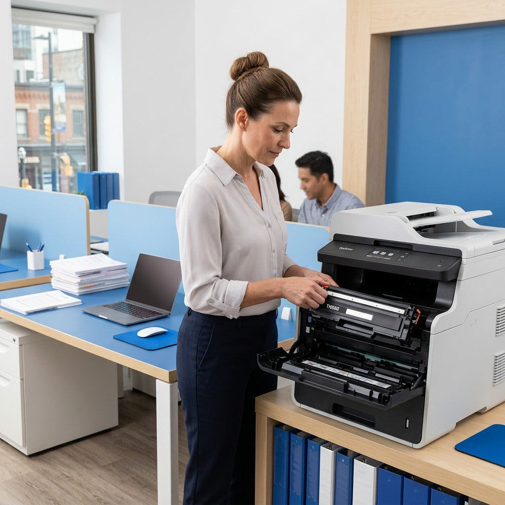 A professional installs a high-yield black TN660 toner cartridge into a Brother laser printer.