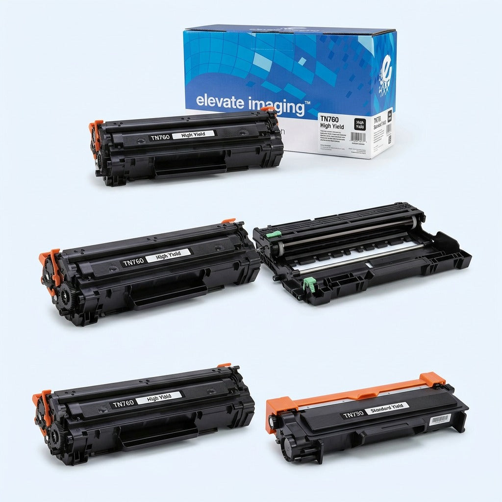 Product matrix for Elevate Imaging TN760 High Yield cartridge showing retail box and drum unit.
