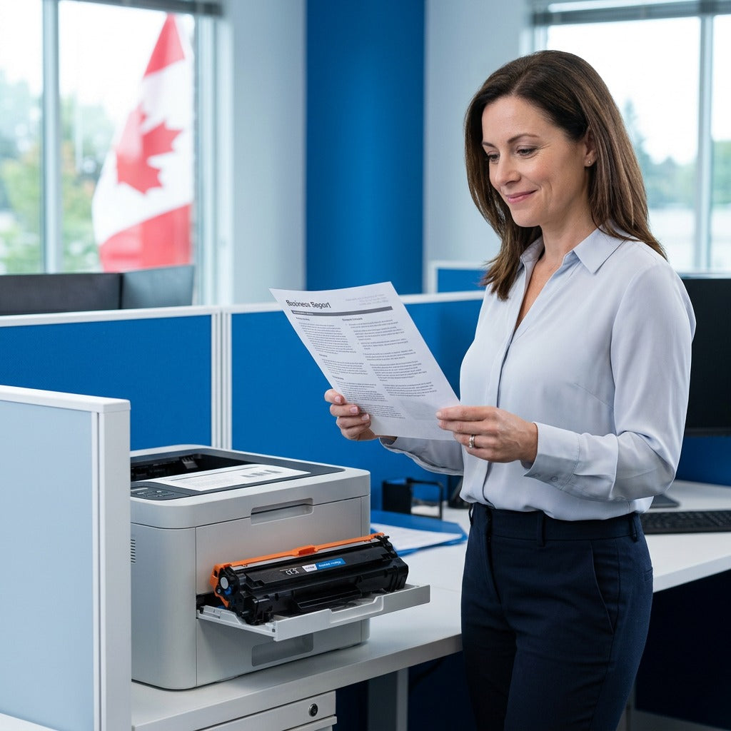 A professional in a Canadian office inspects a sharp monochrome report printed with an Elevate Imaging Brother TN760 compatible toner.