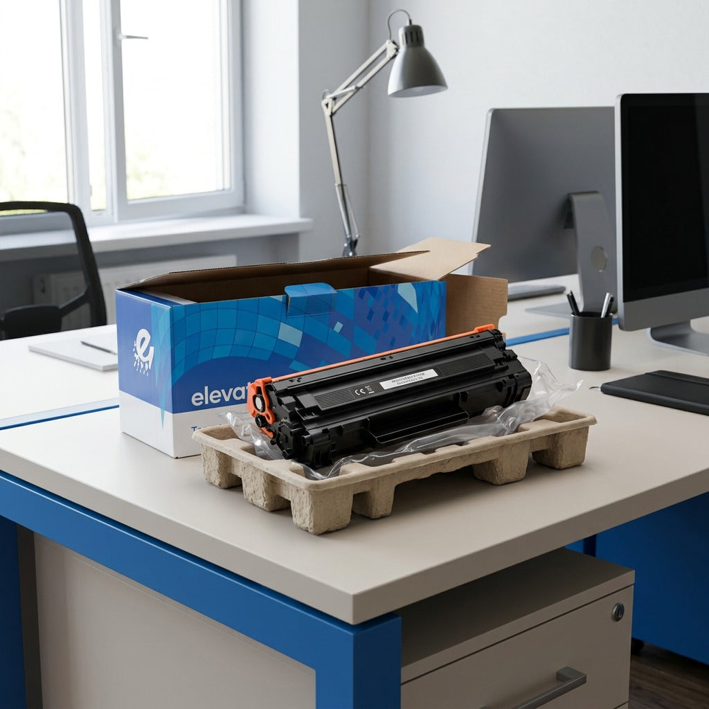 Unboxing of Elevate Imaging TN760 black toner cartridge in protective packaging on a modern desk.