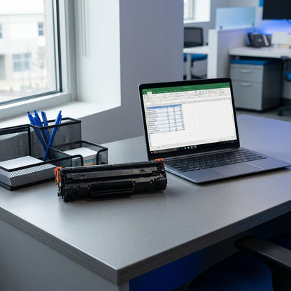 Elevate Imaging HP 147A compatible black toner cartridge on a desk next to a laptop for scale.