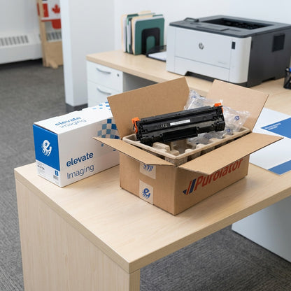 Unboxing an Elevate Imaging HP 147A compatible toner cartridge from secure Purolator shipping box.