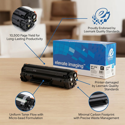 Elevate Imaging HP 147A black toner cartridge and box with callouts for 10,500 page yield and Lexmark endorsement.