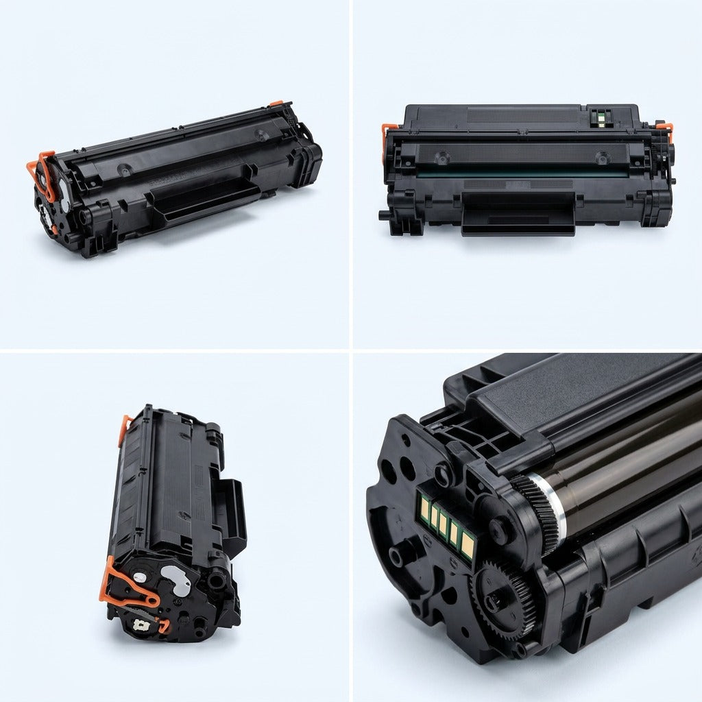 Four-view grid of Elevate Imaging HP 147A black compatible toner cartridge showing multiple angles.