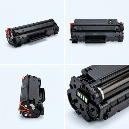 Four-view grid of Elevate Imaging HP 147A black compatible toner cartridge showing multiple angles.