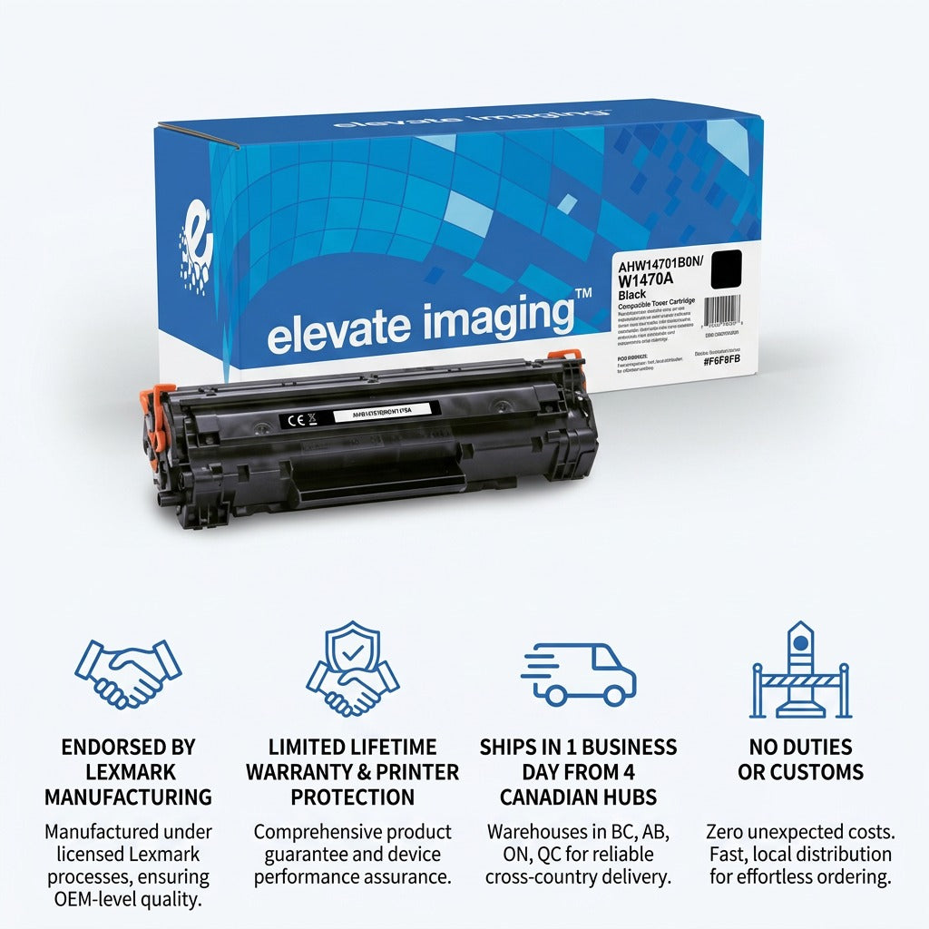 Elevate Imaging W1470A black toner cartridge and box with trust icons for warranty and shipping.