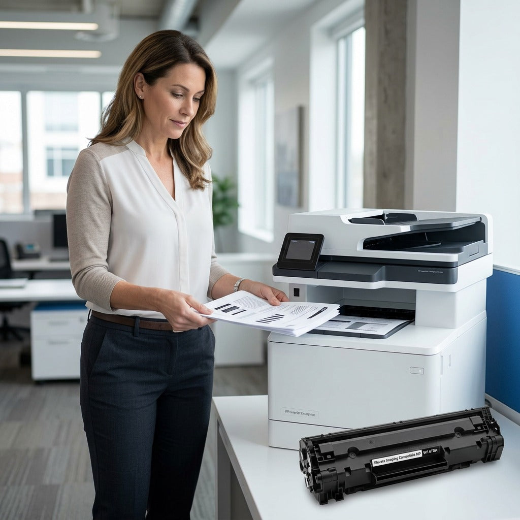 Professional in an office retrieving crisp documents from a printer using HP W1470A black toner.