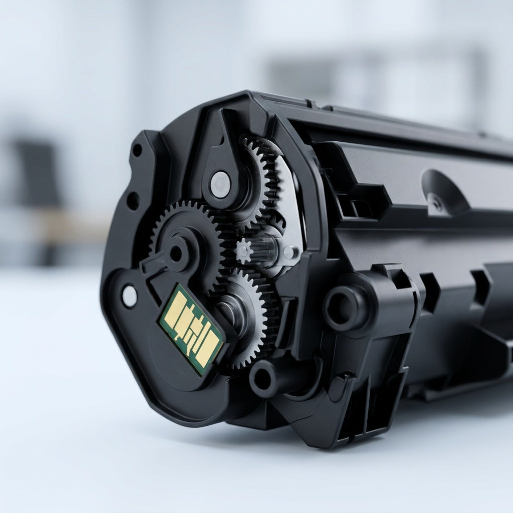 Macro detail of HP 147A compatible toner cartridge gears and gold chip on matte black polymer.