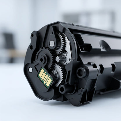 Macro detail of HP 147A compatible toner cartridge gears and gold chip on matte black polymer.