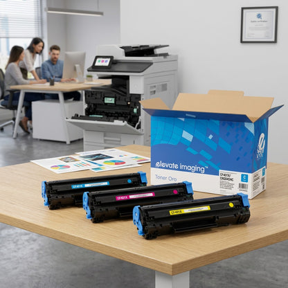 Three Elevate Imaging toner cartridges on an office desk with an open product box and a printer.
