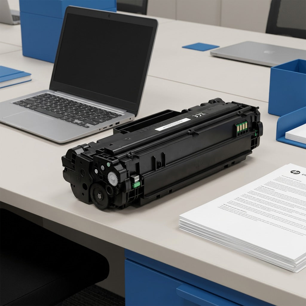 Scale reference of a black HP 147X toner cartridge on a desk next to a laptop and A4 paper.