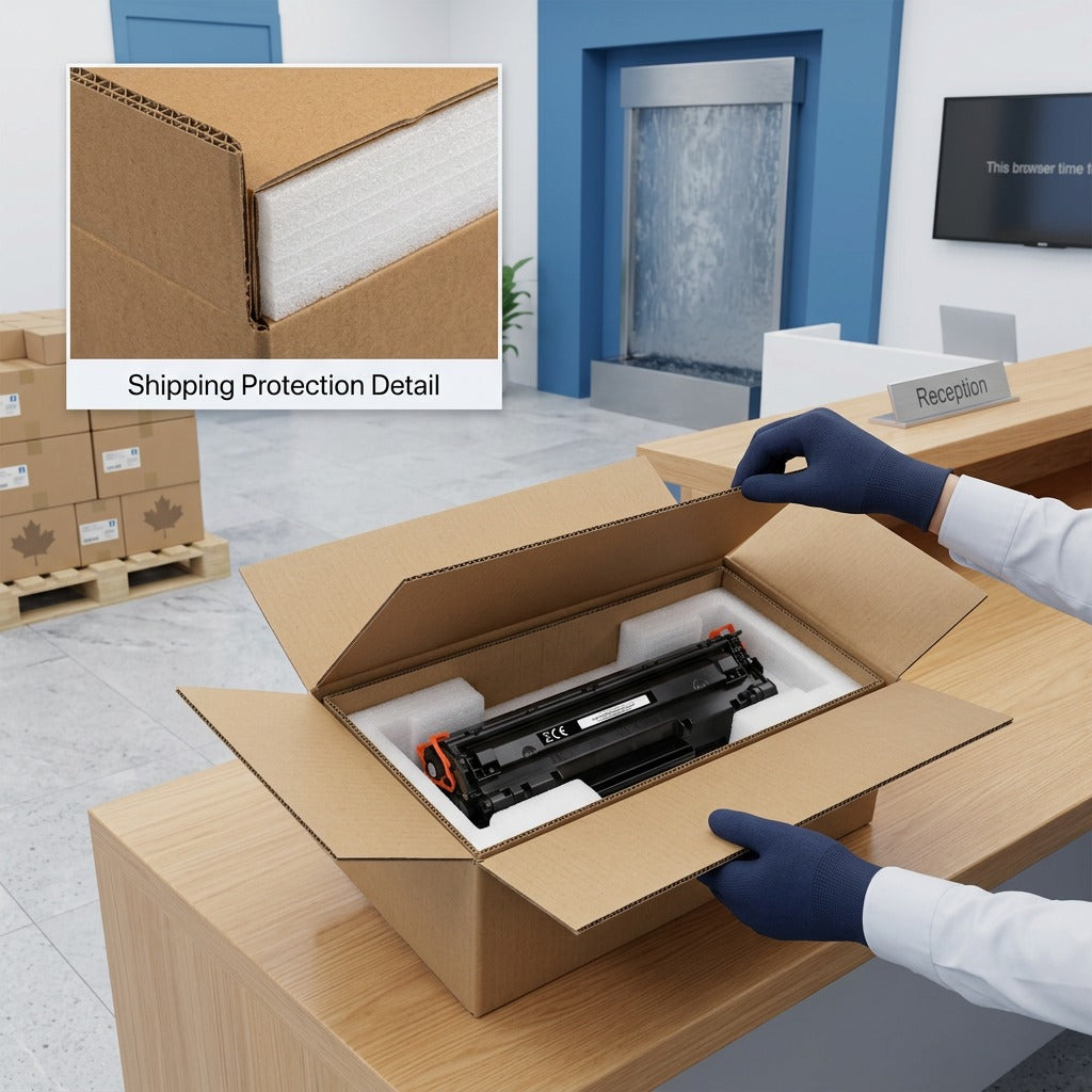 HP 147X toner cartridge unboxed from a double-walled shipping box with high-density protective foam.