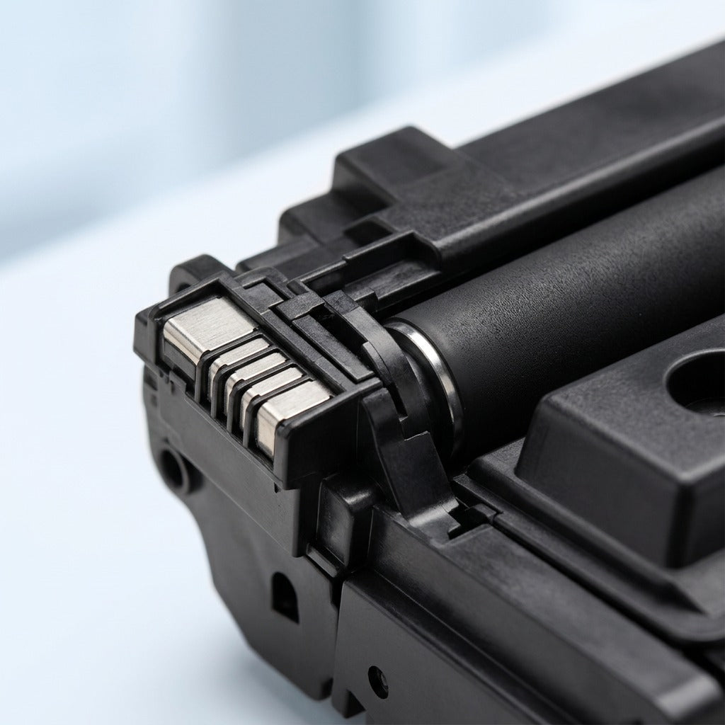 Macro detail of the smart chip and roller on an Elevate Imaging HP 147X (W1470X) toner cartridge.