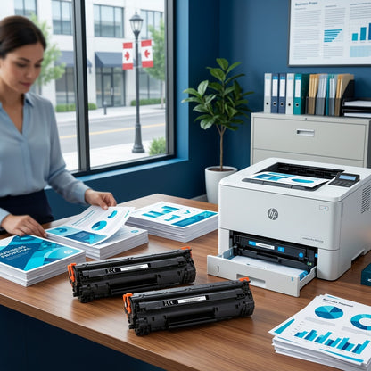 Office administrator organizing high-quality printouts next to an HP printer and Elevate black toner cartridges.