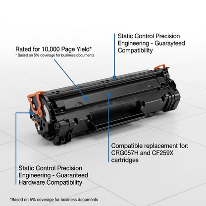 HP 147X compatible black toner cartridge shown with feature callouts for 10,000 page yield.