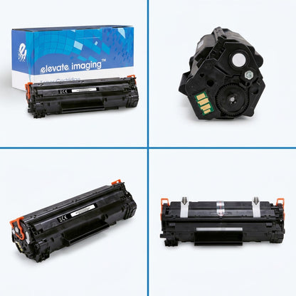 Four-view matrix of Elevate Imaging HP 147X (W1470X) High Yield Toner with retail box and chip detail.