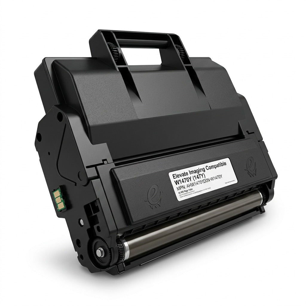 Elevate Imaging compatible black toner cartridge for HP W1470Y (147Y) printers on white background.