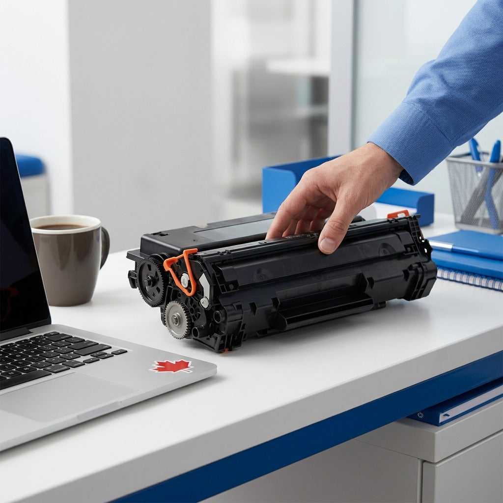 A hand touches the large HP W1470Y compatible toner cartridge on a desk next to a laptop for scale.