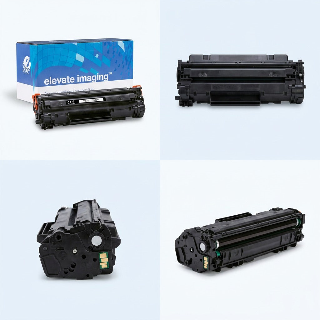 Elevate Imaging compatible HP W1470Y toner cartridge 4-view matrix showing retail box and angles.