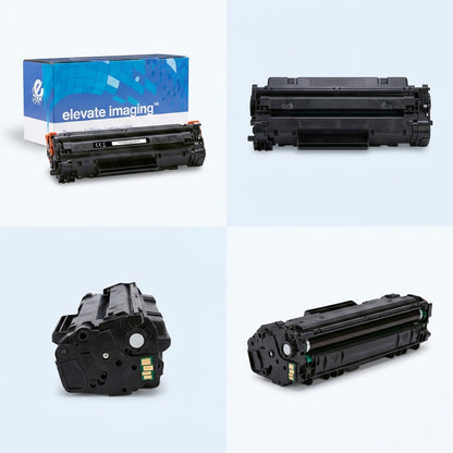 Elevate Imaging compatible HP W1470Y toner cartridge 4-view matrix showing retail box and angles.