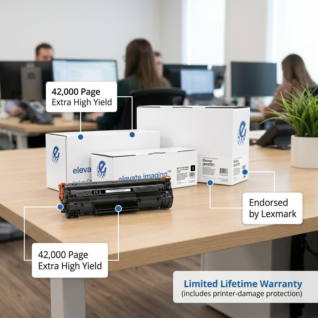 Elevate Imaging W1470Y toner cartridge for HP, 42k page yield, endorsed by Lexmark, lifetime warranty.