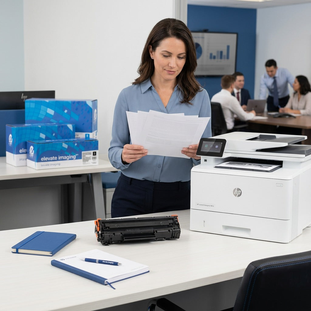 Office worker reviewing documents near an HP printer and an Elevate Imaging W1470Y toner cartridge.