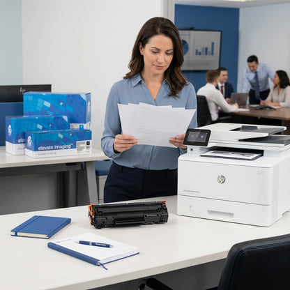 Office worker reviewing documents near an HP printer and an Elevate Imaging W1470Y toner cartridge.