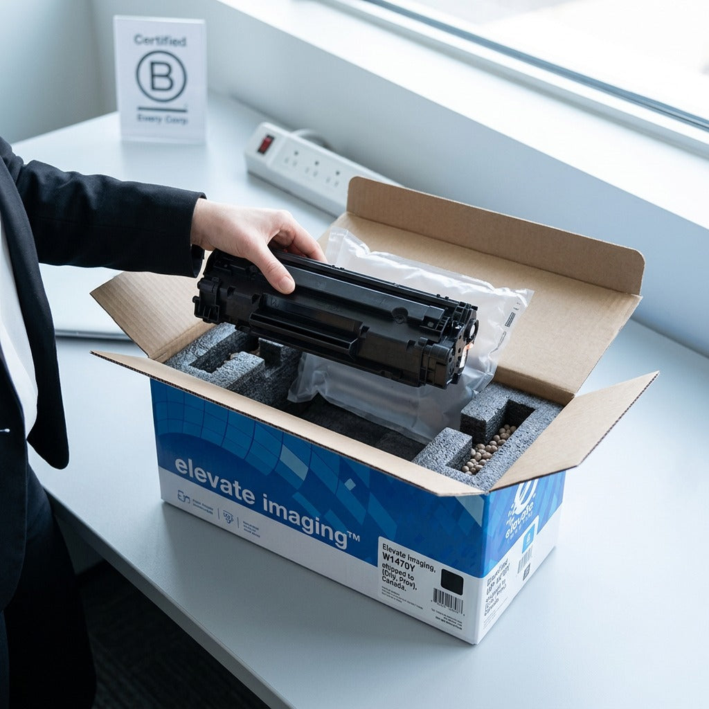 Unboxing of the Elevate Imaging W1470Y toner cartridge from protective foam packaging on a desk.