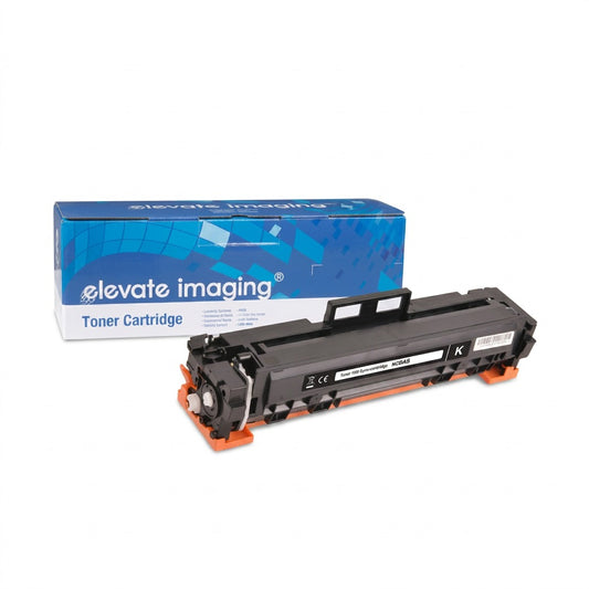 Elevate Imaging black toner cartridge compatible with HP 215A W2020A beside its blue retail box.