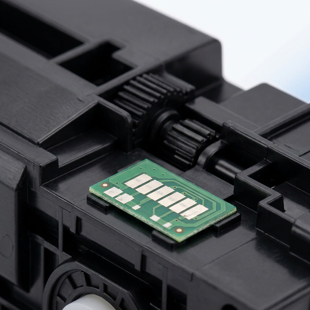 Macro detail of the electronic microchip and gear system on an Elevate Imaging HP 215A toner cartridge.
